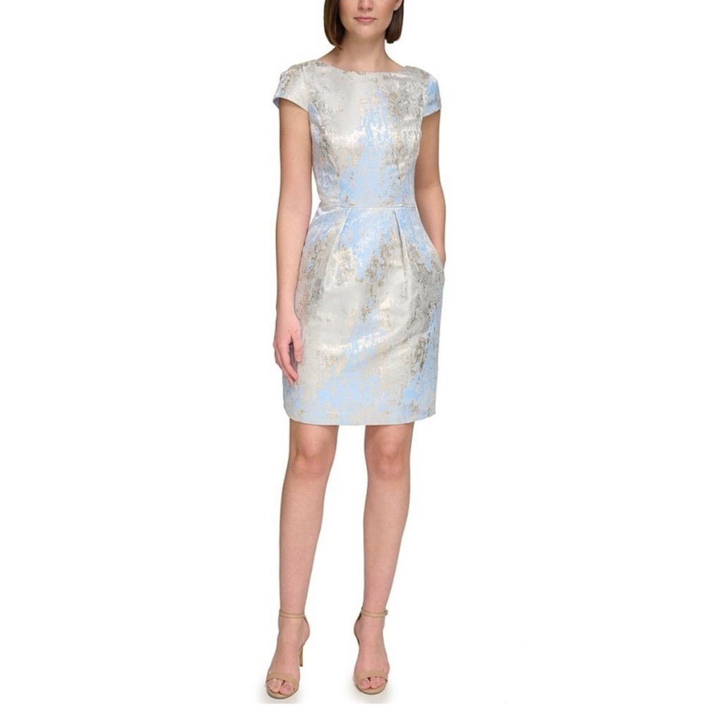 Vince Camuto Blue Metallic Foiled Jacquard Fit-And-Flare Dress- NWT